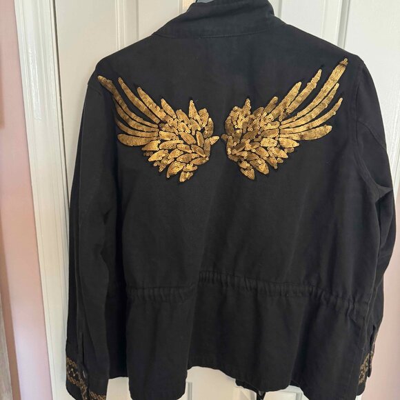 Sheryl Crow Black Washed DENIM jacket with ANGEL SEQUINS on BACK and gold detail - Picture 1 of 4